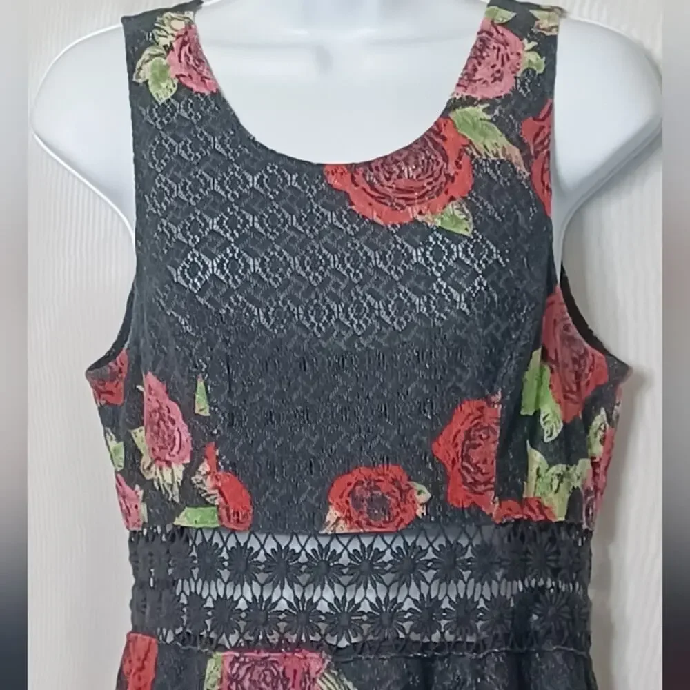Free People Black Floral Print Lace Embroider Fit & Flare Mini Dress. 6